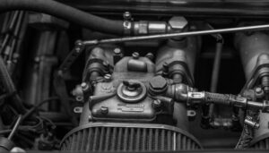 Car engine in black and white